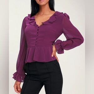 Lulus Coralee Plum Purple Button-Up Long Sleeve Peplum Top Size M